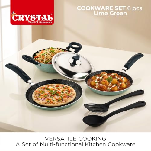 Image of Crystal Aluminum 6 Pcs Non Stick Cookware Set | Gas Stove Friendly | Tawa, Fry Pan, Kadhai with Lid, Laddle & Spatula | Durable 4 Layer Non Stick Coating | PFOA Free | Light Green