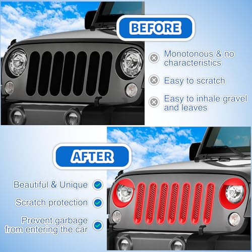 Image of Nilight Grill Inserts fit for Jeep Wrangler Front Grille Mesh Inserts & Headlight Cover Set for JK JKU Unlimited Sports Sahara Freedom Rubicon 2007-2018 Clip-in Trim Exterior Accessories Red 9 Pcs