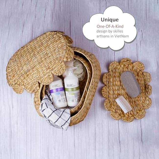 Round Wicker Storage Baskets with Lid, Rattan Basket Decorative Boxes, Woven Storage Box Hyacinth Basket with Lids, Scalloped Edge Wicker Basket with Lid, Set of 2