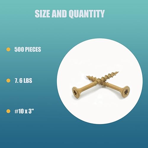 Miniatura 5 de 500 tornillos de cubierta exterior de 10 # x 3 pulgadas, tornillos de madera con revestimiento de cerámica amarillo, tornillos autoadhesivos
