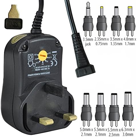 Universal Power Supply Mains Adapter, 600mA (0.6 amp). Powers CD Player, etc: 3v 4.5v 5v 6v 7.5v 9v 12v DC, AC/DC Charger, 100v-240v Worldwide, inc: UK 230v, 7.2 watt, inc 8 DC Jack plug connectors Cover