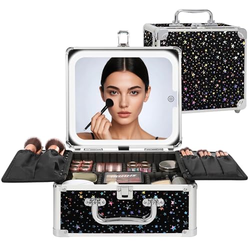 Relavel Makeup Bag with LED Mirror, Makeup Box Travel Train Case with Rechargeable Lighted Mirror, Cosmetic Brush Organizer Storage for Makeup Artists Gifts for Women and Girls (Black Star, Small)