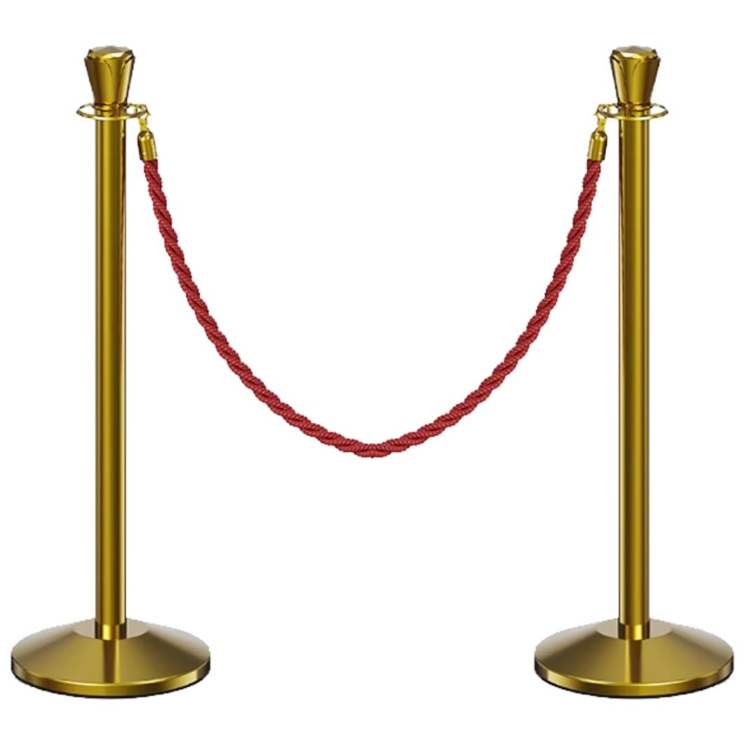 Aioneer Stainless Steel Stanchion Post Set 39.3" Crowd Control Barriers With 4.9Ft Ropes Durable Queue Poles For Events Commercial Grade Stanchions-Gold-2 Pack