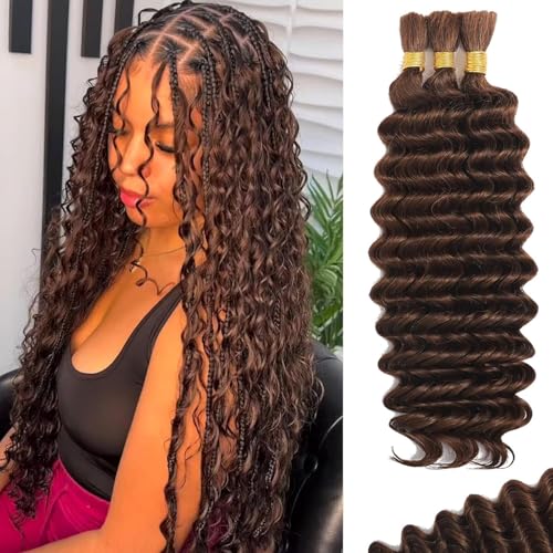 Human Braiding Hair for Boho Braids Human Hair 110g 16 Inch Curly Boho Hair for Braiding Knotless 12A Deep Wave Bohemian 3 Bundles/Pack Chocolate Brown