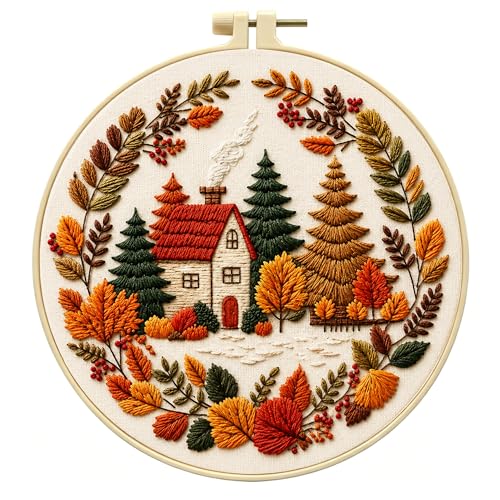 Zhenqing Autumn Cottage Squirrel Embroidery Kit for Beginners Woodland Cottage Needlework Craft Printed Fabric with Hoop Threads & Full Tools Fall Home Decor DIY Project 29x29cm (C0058)