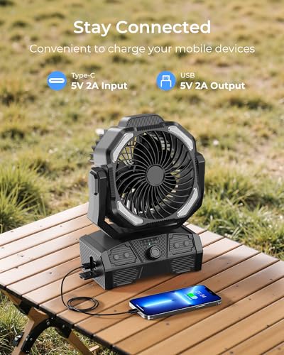 Image of 8 inch Portable Rechargeable Fan, Battery Operated Camping Fan with 27H Work Hours, Remote, Auto Oscillation, Timer, Hook for RV Tent Hurricane Emergency Black