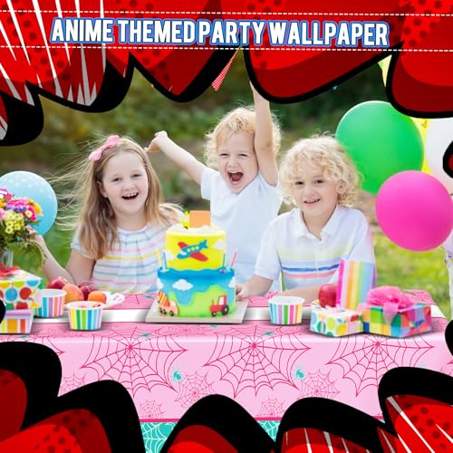 Image of Oudain 3 Pack Spider Theme Birthday Decorations Halloween Purple Black Red Green Pink Web Bat Tablecloth Cartoon Table Cover Party Favor for Birthday(Spider,Web,Pink, Green)