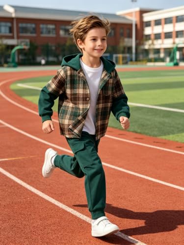 Image of 2Pcs Kids Boys Flannel Plaid Shirt Tops Pants Set Hoodie Sweatsuit for Fall Winter Spring Outfits 4-12 Years