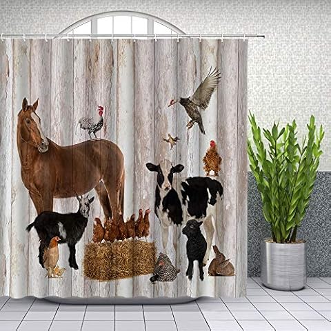 Farm Animal Shower Curtains Farmhouse Poultry Cow and Horse Animals Vintage Wooden Board Retro Bathroom Set Polyester Fabric Curtain 70 x 70 Inch with Hooks Cover
