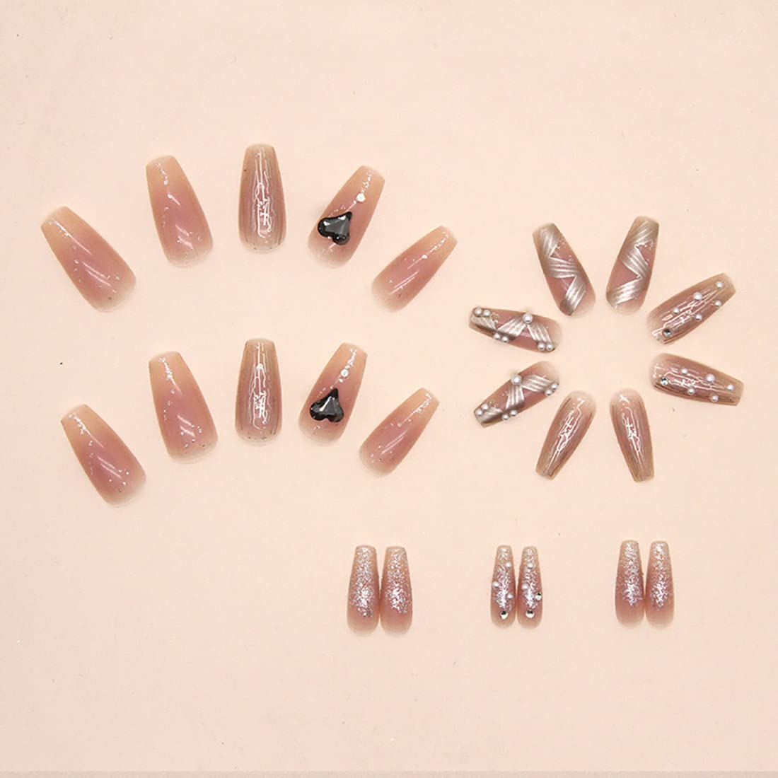 Cubahop 24pcs French Medium Crystal Fake Nails Nude Glossy Butterfly Flash Powder False Nails Rhinestone Love Press on Nails for Women and Girls (Nude 2) - Image 4