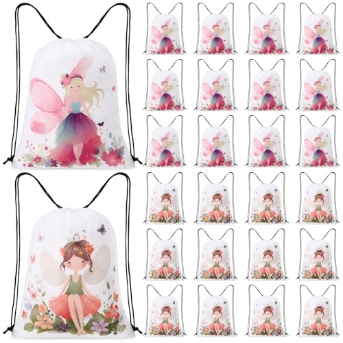 SilTriangle 24 Pcs Flower Fairy Drawstring Bags Waterproof Fairy Backpack for Gift Candy Treats Goodie Men Birthday Party Favors 16.5 x 12.6 Inch