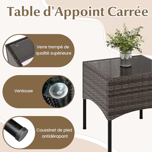 GYMAX Ensemble de Salons de Jardin 2 Personnes, 2 Chaises en Rotin avec 1Table Basse en Verre, Accoudoir, Coussin Résistant à l'eau, pour Extérieur Pelouse, Terrasse, Jardin, Balcon – Image 4