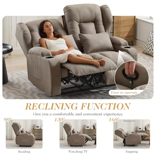 Image of Loveseat Recliner Sofa,RV Wall Hugger Recliners for Small Spaces,Reclining Loveseat Sofa Recliner with Cup Holders /Lumbar Pillows,RV Furniture (Khaki, 56 inch 2-Seater)