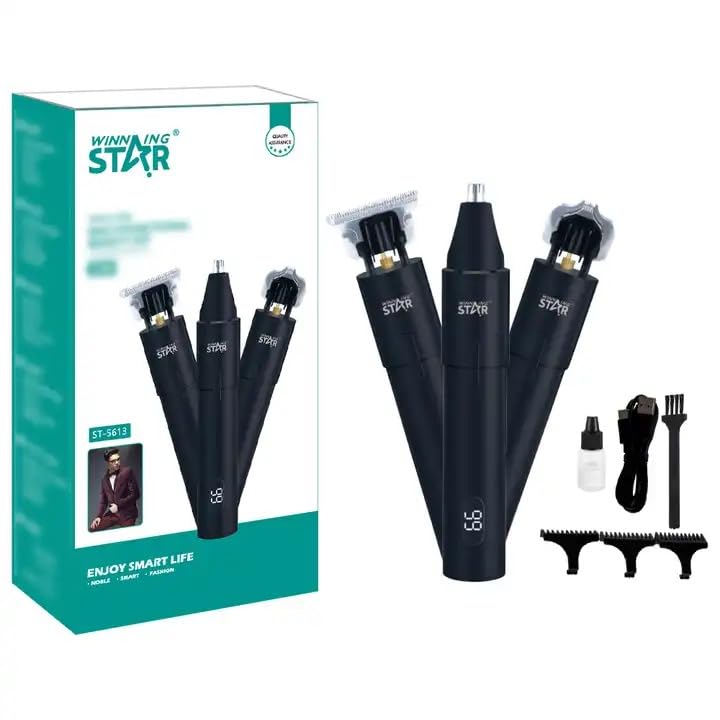 ST-5613 3-in-1 Hair Clipper & Nose Trimmer |Black | Detachable Magnetic T-Blade | Digital Display | TYPE-C Port | 4 Guide Combs | Small Brush & Oil Bottle Included