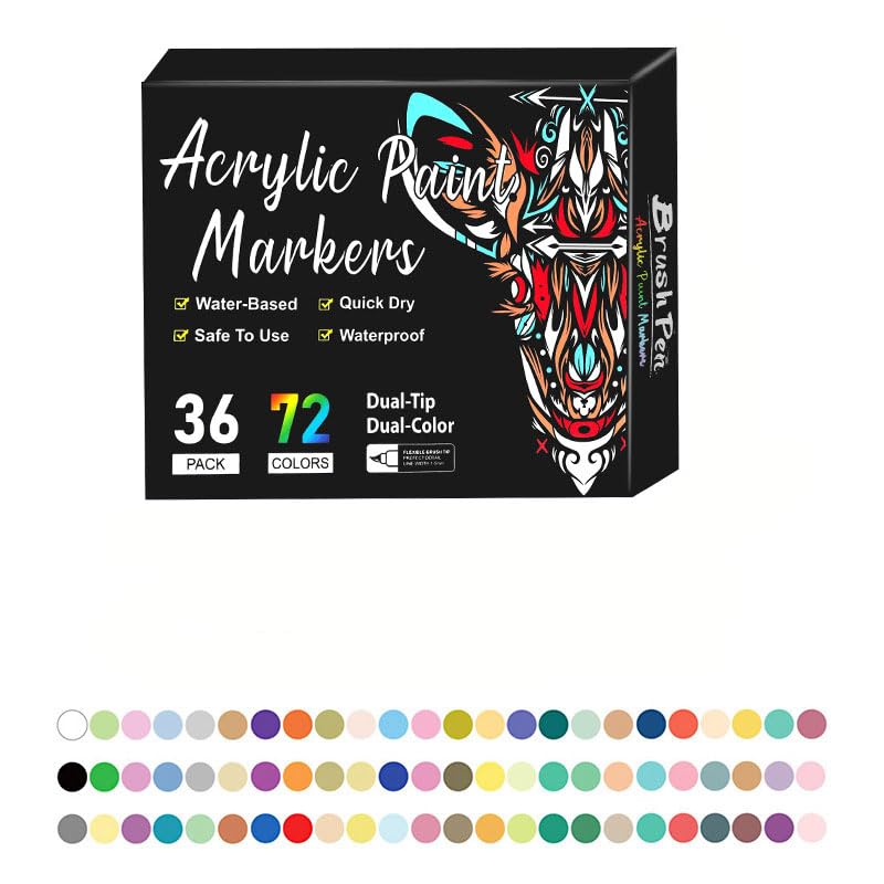 Lot de 36 marqueurs de peinture acrylique, stylos de peinture à base d'eau à double pointe, 72 couleurs, séchage rapide, marqueurs imperméables pour peinture sur roche, bricolage, graffiti (36 pièces