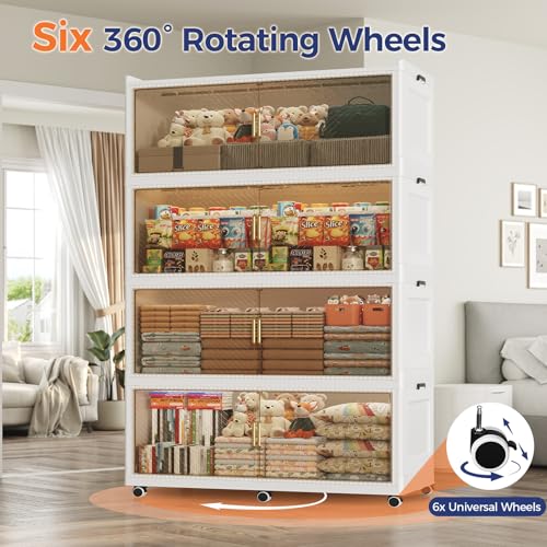 Image of 240 Gallon Extra Large Collapsible Storage Bin with Lid, 960QT Stackable Plastic Organizer with 6x Wheels, Foldable Drawer Cabinet for Closet, Living Room Office, Kitchen 3Pack, White