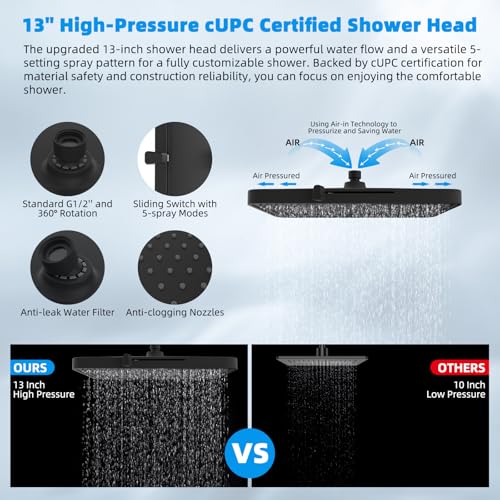 Hibbent cUPC Certified High Pressure 13'' Dual Shower Head Combo with 10-mode Handheld Spray, Rainfall 5-spray Shower Head, 12'' Adjustable Extension Arm, 71'' Hose, Shower Holder, Oil Rubbed Bronze by Hibbent - Image 4
