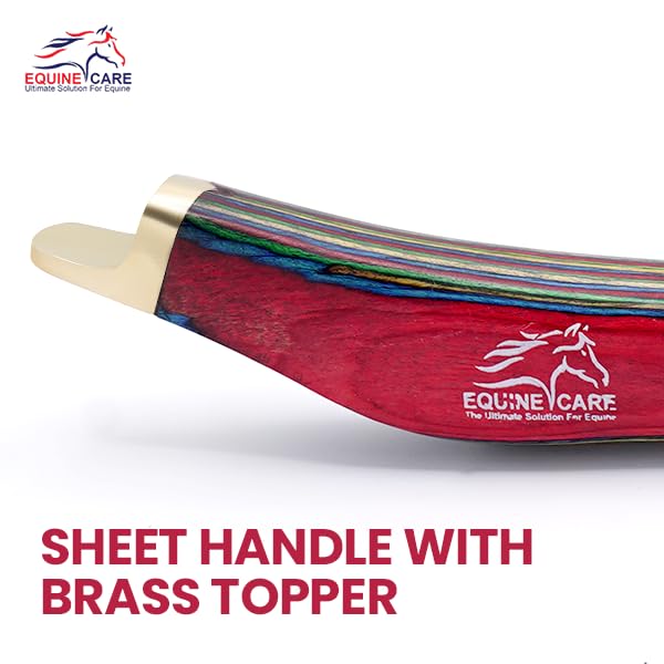 Image of Equine Care Farrier Hoof Knife, Left-Handed, Brass Cap for Horse Shoeing | Left-handed farrier hoof knife with J2 stainless steel blade, notched brass shoe topper, layered handle and flat thumb rest
