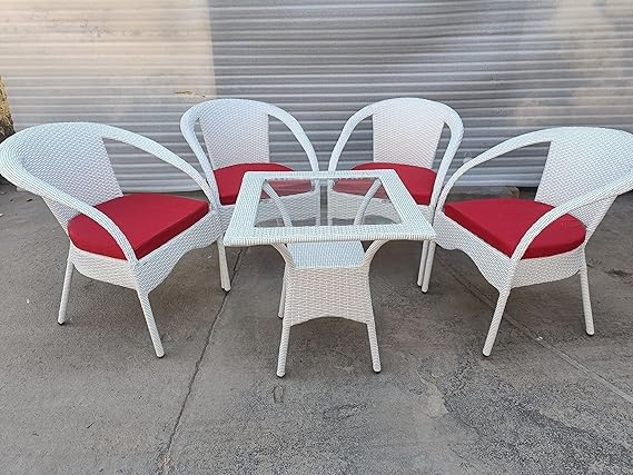 ANAND INDIA GROUPS Designer 4 Chair 1 Table for Garden|| Balcony|| Terrace|| Coffee|| Poolside || Patio ||Wicker Seating Chair and Table Set Outdoor Furniture (D-8 Off White with Red Cushion)-image-44