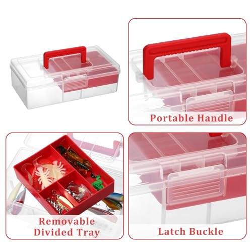 JUXYES Plastic Fishing Tackle Box Organizer with Removable Dividers, Clear Fishing Tackle Storage Boxes with Handle, 2 Layer Fishing Tackle Tray Box Lure Box, Red