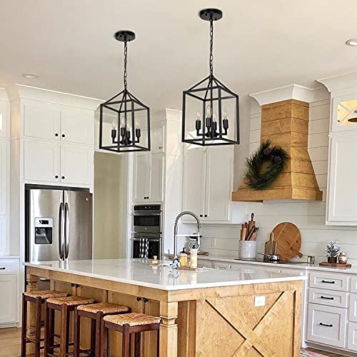 Zosimio Farmhouse Industrial Pendant Light, Rustic Lantern Chandelier, Black Kitchen Lighting Fixture For Dining Room, Entryway, Hallway (4 Lights) #TOP2