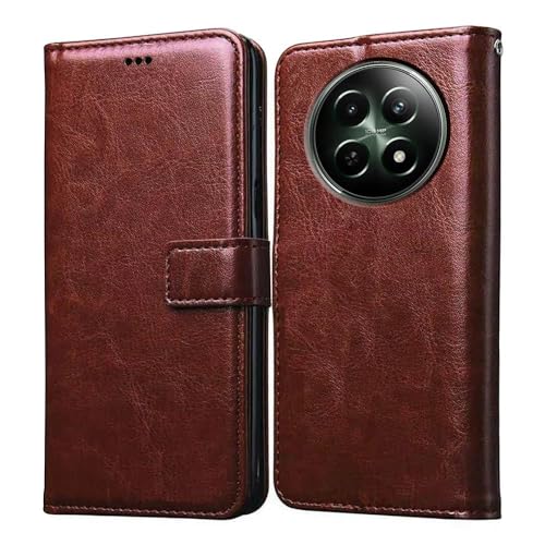 Image of Vintage Magnatic Closer Matte Leather Flip Cover Compatible Model for Realme RMX3998 /Realme 12x - Tan Brown