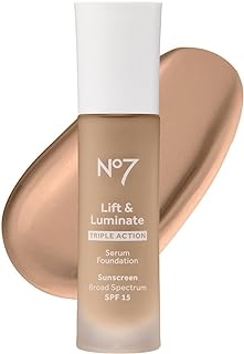 No7 Lift & Luminate Triple Action Serum Foundation - Liquid Makeup with SPF 15 for a Dewy, Glowy Base - Radiant Formula for Mature Skin - Warm Beige (1 Fl Oz)