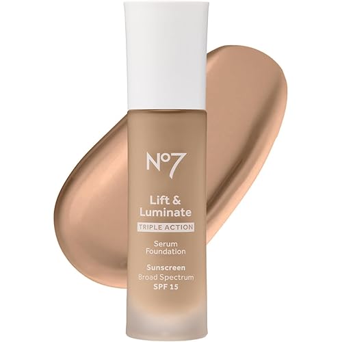 No7 Lift & Luminate Triple Action Serum Foundation - Liquid Makeup with SPF 15 for a Dewy, Glowy Base - Radiant Formula for Mature Skin - Warm Beige (1 Fl Oz)