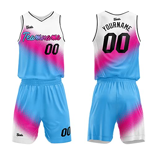 Custom Basketball Jersey Uniform Suit For Man Women Adults Kids Personalized Jersey (White-Hot Pink-Light Blue) #TOP11