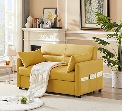 Melpomene Loveseat Sleeper Faux Leather Couch W/Pull-Out Bed And Adjustable Back, 57.1" Modern Convertible Sofa Bed W/ 2 Side Pockets And 2 Pillows (Yellow) #TOP22