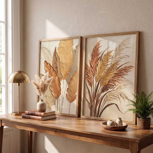 Image of kotart Golden Leaf Art Wall Painting Home Decoration With Frame For Living Room Bed Room Hotel Wall Decor Digital Reprint Engineered Wood Set of 2 (14 X 20 INCH)