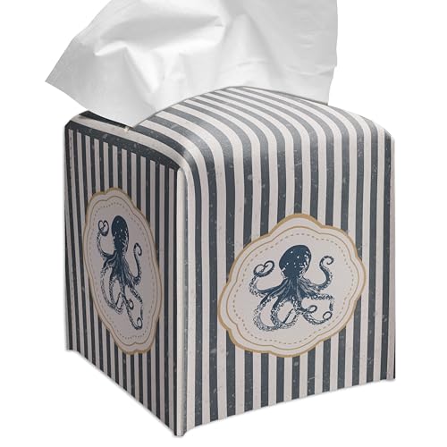 Grace Yonks Cute Octopus Tissue Box Cover Square, Striped Cube Case for Facial Tissues, 5.2" PU Leather(066)