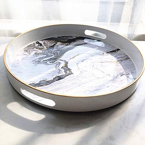 Miniatura 2 de Zosenley Bandeja decorativa redonda, bandeja de plástico de mármol con asas, bandeja de tocador moderna y bandeja de servir para otomana, mesa de