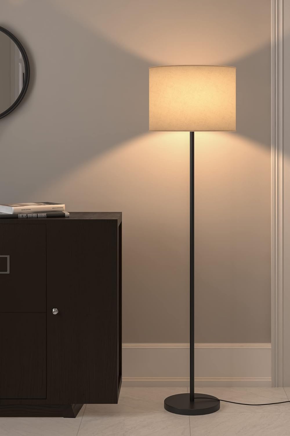 Amical Laser Cut Decorative Floor Lamp with 16 Inches Off White Drum Shade Modern Sleek Black Polished 5 Feet Standing Lights Side Corner Lamps Fort Living Room-image-19