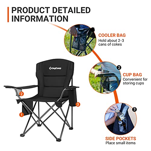 Kingcamp Heavy Duty Oversized Comfy Folding Outdoor Portable Lawn Adults Bag Chair With Cooler For Outside Camp, Sports, Picnic, Stadium, 38.5" X 21.6" X 38.5", Black #TOP4