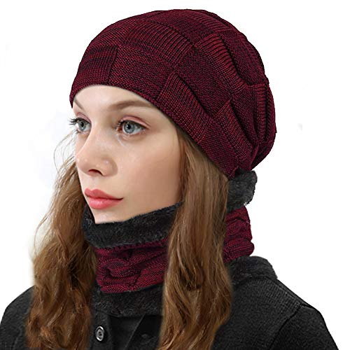 HZQDLN Sombrero de Punto a Cuadros Hombres/Mujeres Unisex Invierno Tejido elástico Beanie Skull Cap Bufanda Conjunto Forro Interior para esquí Deportes Interiores (Rojo)