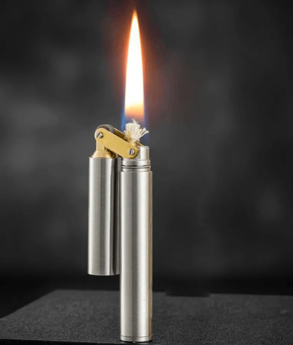 Kerosene Lighter, Brass Body, Open Flame, Retro Stick Design (Silver Stick)