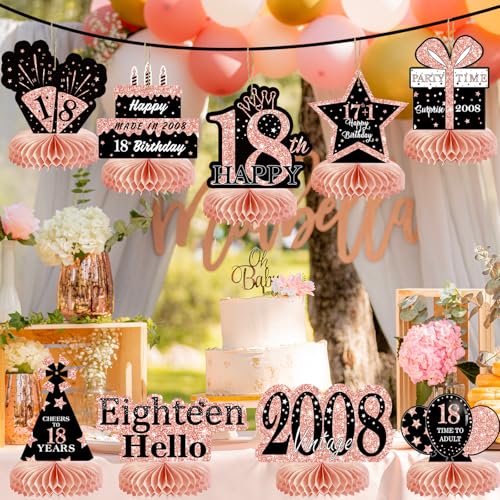 Image of 9Pcs Rose Gold Pink 18th Birthday Decorations Honeycomb Centerpieces for Girls,Happy 18th Birthday Centerpieces Tables Toppers Party Decorations Supplies,Vintage 2008 Aged Table Sign Decor