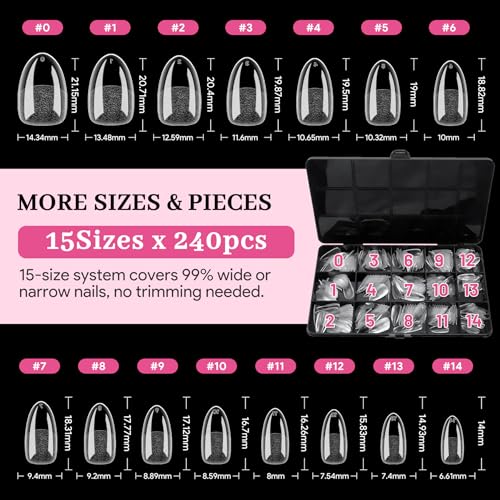 Image of Short Almond Pre-Building Nail Tips, 15 Sizes 240 PCS