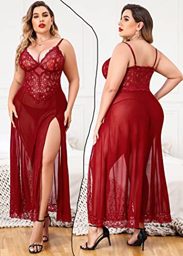 Image of Avidlove Plus Size Lingerie for Curvy Women Long Lace Babydoll Nightdress | V neck sheer mesh nightgown,g-string included,high side slits,adjustable straps,curve-flattering fit,maternity photoshoot