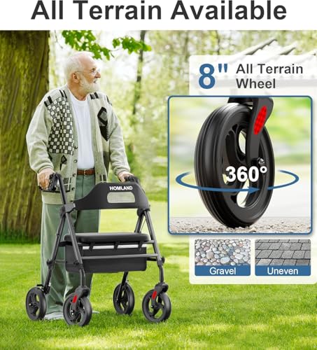 Image of HOMLAND Foldable Rollator Walker with Seat for Seniors, 16 inch Enlarged Seat | 8 inch Big Wheels, 16 inchx12 inchx1.9 inch Thick Padded Seat, Adjustable Seat & Handle Height, Tool-Free Assembly, All Terrain Mobility Aid