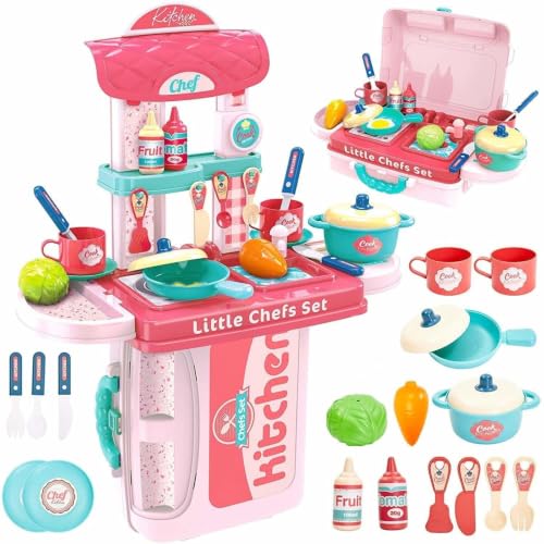 Image of 3-in-1 Kitchen Set Toy for Kids, Pretend Play Cooking Set, for Ages 3 Years and Above, 53 * 42 * 20.5 cm, Pink, Plastic