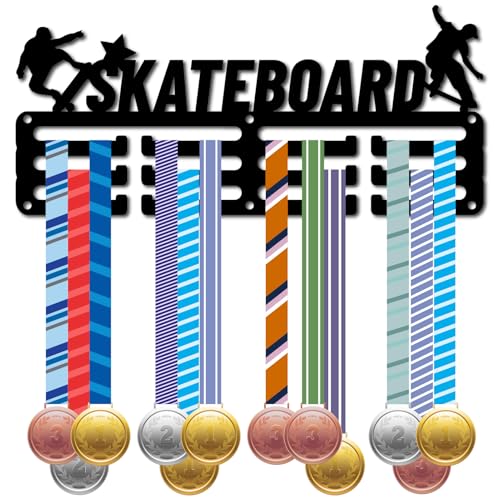 CREATCABIN Porte Médailles Skateboard Présentoir Médailles en Métal Noir Petite Étagère en Fer Cintres Organisateur Cadre Médaille Montage Mural avec 12...