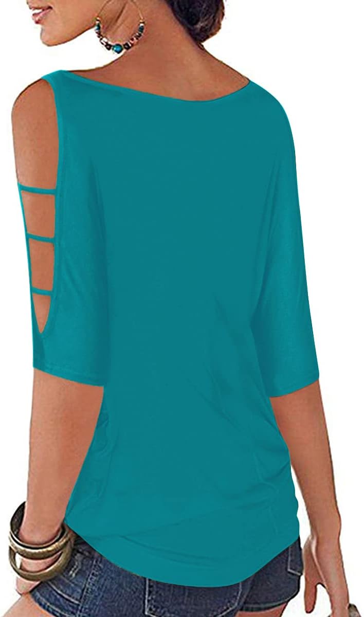Womens Summer Cold Shoulder Tops 3/4 Sleeve T Shirts Pullover Casual Dolman Blouses - Image 2