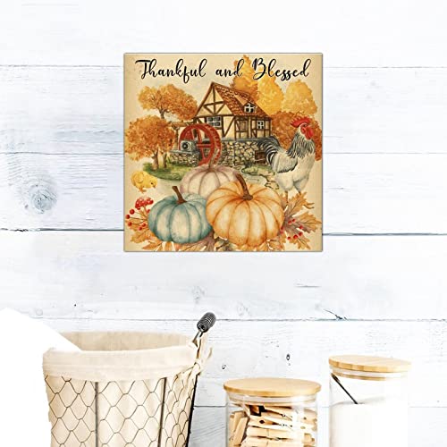 Panneau en bois Thankful and Blessed 30x30 cm pour deco interieure