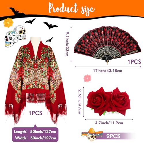 Jiuguva 4 Pcs Traditional Mexican Flamenco Dress for Women Tassel Mexican Scarf Shawl Halloween Day of the Dead Costumes3