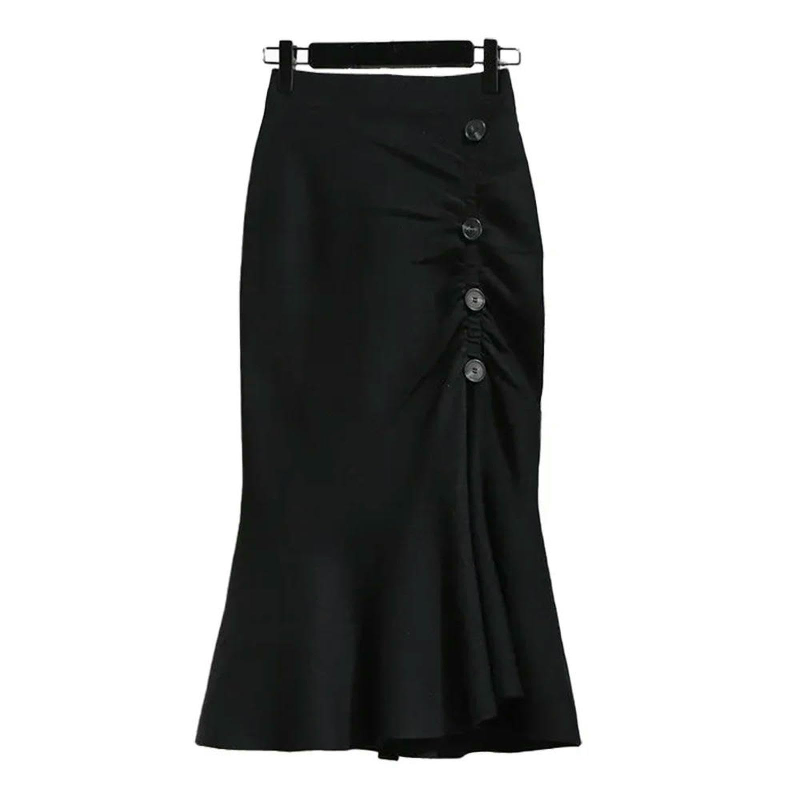 Gonna Lunga Tromba Vintage Bottoni A Vita Alta da Donna Sirena Gonne Lunghe metà Polpaccio Abbigliamento Moda-Nero-XL