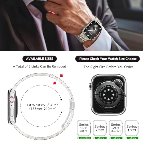 Image of Bestig Compatible with Apple Watch Bands for Men Women 49mm 46mm 45mm 44mm 42mm(Series 3 2 1), Stainless Steel Metal Business Wristband Strap for iWatch Ultra Series 11 10 9 8 7 6 SE 5 4, Silver /Gold