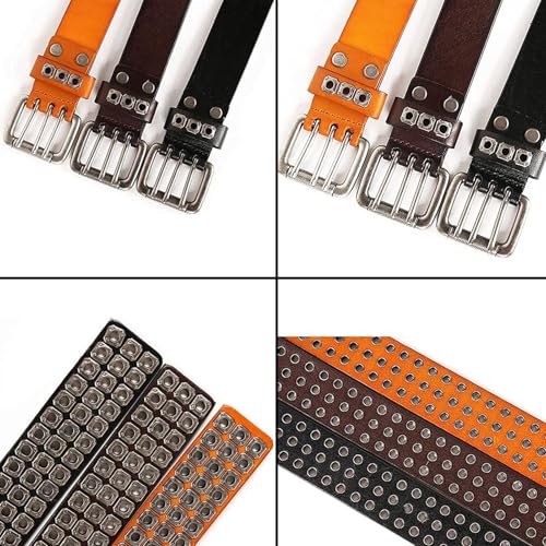 Three Row Grommet Genuine Leather Studded Belt with Punk Rock Rivets Strap 3-Hole Prong Buckle for Jeans,Pants,Dress3