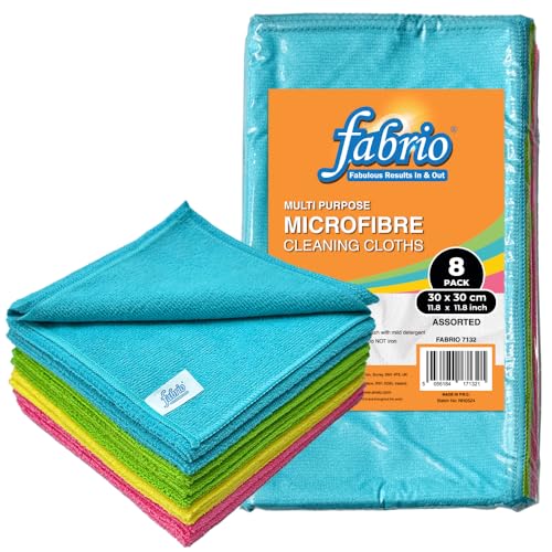 FABRIO Microfibre Cleaning Cloths – Pack of 8, 30x30cm, Ultra-Soft, Lint-Free, Super Absorbent Towels for Kitchen, Car, Glass, and Multi-Surface Cleaning – Assorted Colours